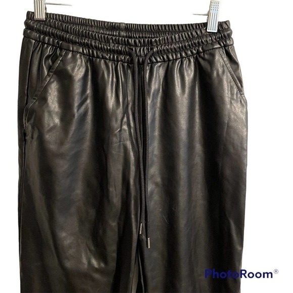 H&M Divided Pants Women Size 4 Black Vegan Faux Leather Jogger Pockets Drawstr… - Picture 2 of 8